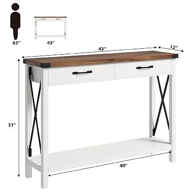 Farmhouse Console Table w/2 Tiers and Drawers,Entryway Table for Hallway& Living Room, MDF&Wood Legs
