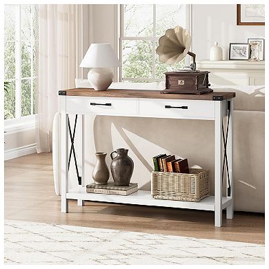 Farmhouse Console Table w/2 Tiers and Drawers,Entryway Table for Hallway& Living Room, MDF&Wood Legs