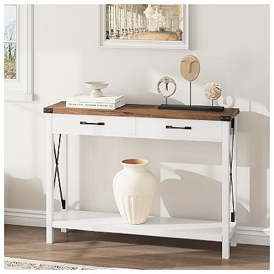 Farmhouse Console Table w/2 Tiers and Drawers,Entryway Table for Hallway& Living Room, MDF&Wood Legs