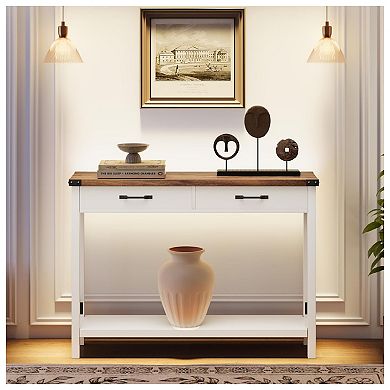 Farmhouse Console Table w/2 Tiers and Drawers,Entryway Table for Hallway& Living Room, MDF&Wood Legs