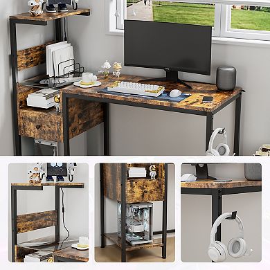 Modern Computer Desk with Power Outlet and Adjustable Storage Shelves for Home Office Use