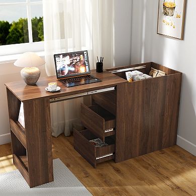 GOODSILO Modern Corner Computer Desk with Drawers and Extendable Table for Home Office Storage