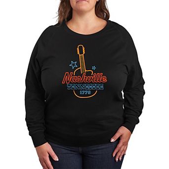 Plus Size Nashville, Tennessee Guitar Neon Sign French Terry Long Sleeve Tee