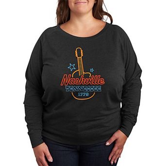 Plus Size Nashville, Tennessee Guitar Neon Sign French Terry Long Sleeve Tee