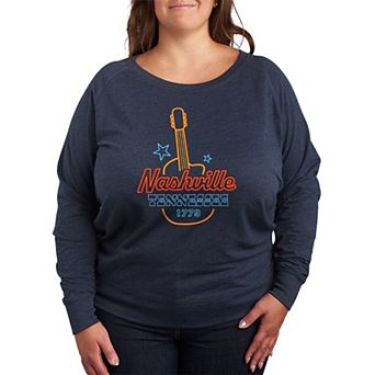 Plus Size Nashville, Tennessee Guitar Neon Sign French Terry Long Sleeve Tee