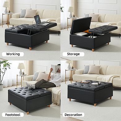 IDEALHOUSE 34.6" Square Storage Ottoman Bench with Lift Top, Black