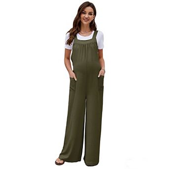 Women's Maternity Overalls Wide Leg Back Bow Tie Elastic Waist Casual Pregnancy Jumpsuit Pants