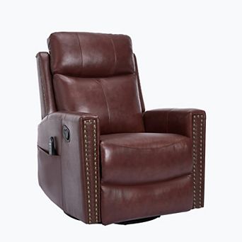 Genuine Leather Heat Massage Manual Recliner Chair with Rocker and Swivel