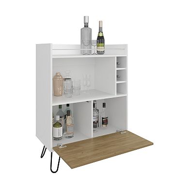Tori 42" Tall One-Door Bar Cabinet With Three Cubbies, Three Shelves, Top Prep Surface With Rail.
