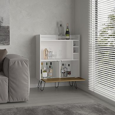 Tori 42" Tall One-Door Bar Cabinet With Three Cubbies, Three Shelves, Top Prep Surface With Rail.