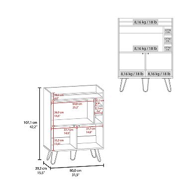 Tori 42" Tall One-Door Bar Cabinet With Three Cubbies, Three Shelves, Top Prep Surface With Rail.