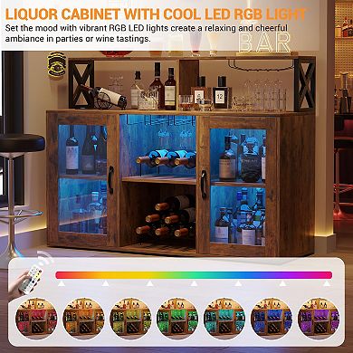 IDEALHOUSE LED Wine Bar Cabinet with Power Outlet, Glass Doors & Stemware Rack