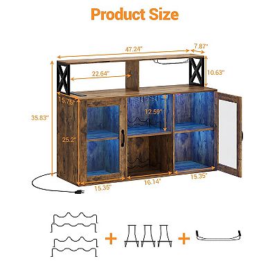 IDEALHOUSE LED Wine Bar Cabinet with Power Outlet, Glass Doors & Stemware Rack