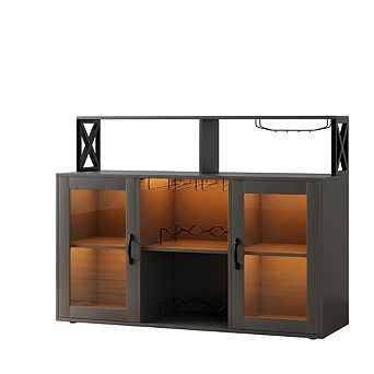 IDEALHOUSE LED Wine Bar Cabinet with Power Outlet, Glass Doors & Stemware Rack