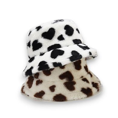 Plush Heart Pattern Bucket Hat Soft Texture Cozy Winter Style