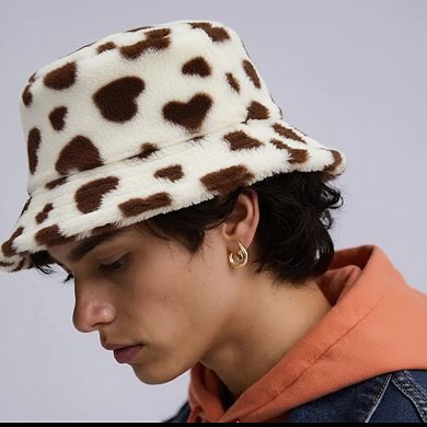 Plush Heart Pattern Bucket Hat Soft Texture Cozy Winter Style