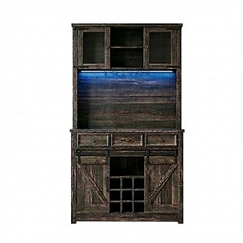IDEALHOUSE Farmhouse Coffee Bar Cabinet with LED Lights, Power Outlet & Wine Rack