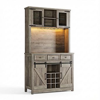 IDEALHOUSE Farmhouse Coffee Bar Cabinet with LED Lights, Power Outlet & Wine Rack
