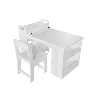 IDEALHOUSE Kids Art Table Set with 2 Chairs, Storage Shelves & Paper Roll Holder