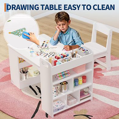 IDEALHOUSE Kids Art Table Set with 2 Chairs, Storage Shelves & Paper Roll Holder