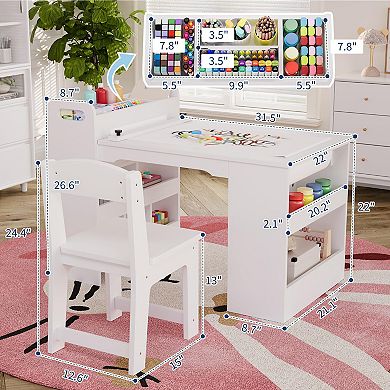 IDEALHOUSE Kids Art Table Set with 2 Chairs, Storage Shelves & Paper Roll Holder