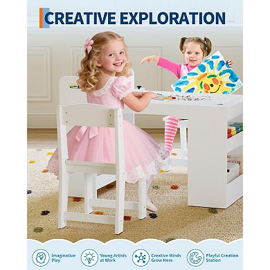 IDEALHOUSE Kids Art Table Set with 2 Chairs, Storage Shelves & Paper Roll Holder