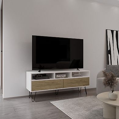 Tori 54" Wide Two-Door Cabinet Tv Stand With Pull Down Doors, Three Shelves, Cable Management