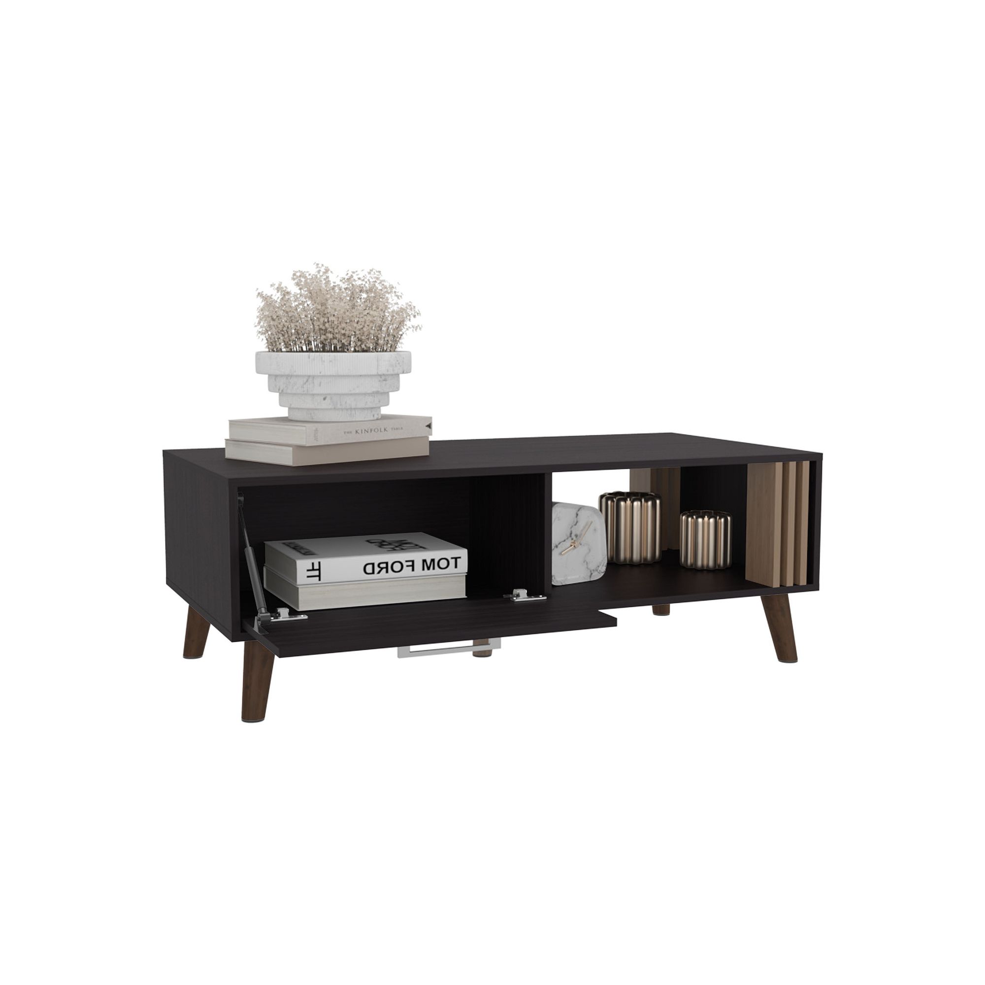 Side view of Vance 47 wide coffee table with pull-down cabinet door and open shelf