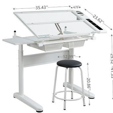 Adjustable Height Drafting Table with Tilting Glass Top and Extension Shelf