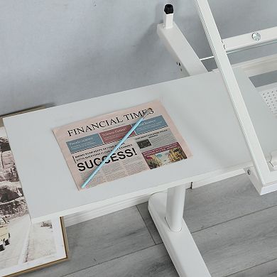 Adjustable Height Drafting Table with Tilting Glass Top and Extension Shelf