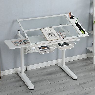 Adjustable Height Drafting Table with Tilting Glass Top and Extension Shelf