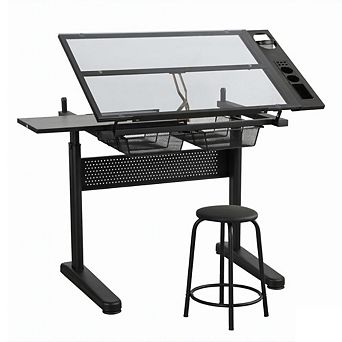 GOODSILO Adjustable Height Drafting Table with Tilting Glass Top and Extension Shelf