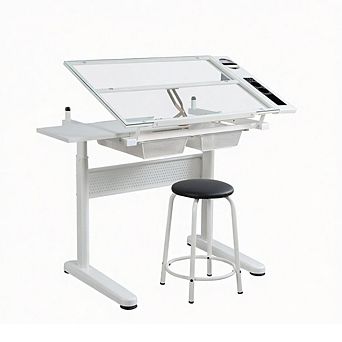Adjustable Height Drafting Table with Tilting Glass Top and Extension Shelf
