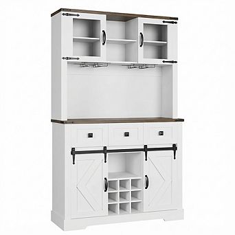IDEALHOUSE 72” Farmhouse Bar Cabinet with Sliding Doors, Wine & Glass Rack