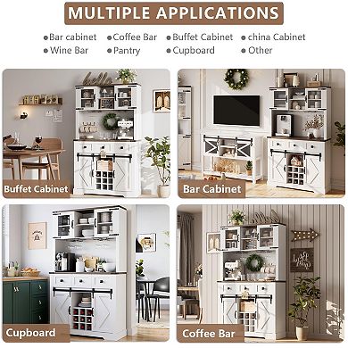 IDEALHOUSE 72” Farmhouse Bar Cabinet with Sliding Doors, Wine & Glass Rack