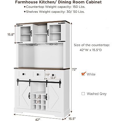 IDEALHOUSE 72” Farmhouse Bar Cabinet with Sliding Doors, Wine & Glass Rack