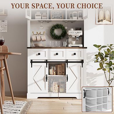 IDEALHOUSE 72” Farmhouse Bar Cabinet with Sliding Doors, Wine & Glass Rack