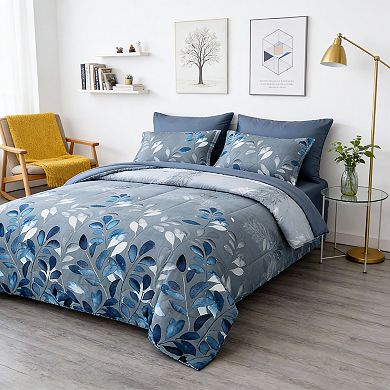DIACHO Blue Queen Botanical Gradient Leaves Comforter Set 7pc Microfiber