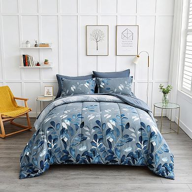 DIACHO Blue Queen Botanical Gradient Leaves Comforter Set 7pc Microfiber