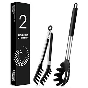 Non-Stick Silicone Spaghetti Spoon & Pasta Tongs with Stainless Steel Handle - Black