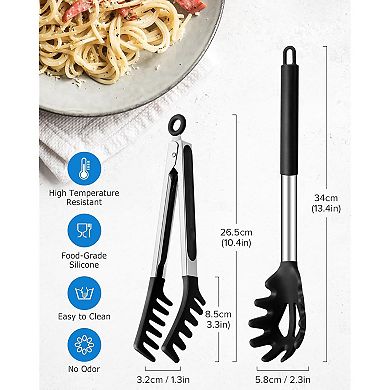 Non-Stick Silicone Spaghetti Spoon & Pasta Tongs with Stainless Steel Handle - Black