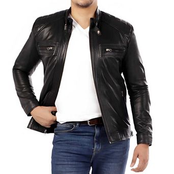 Signature Diamond Lambskin Leather Jacket Men Vintage Cafe Racer Style
