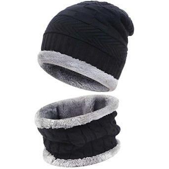 Thick Winter Beanie Hat & Scarf Set, Fleece-Lined Neck Warmer