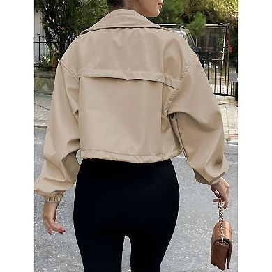 Women Oversized Cropped Zip Jacket Lightweight Utility Style