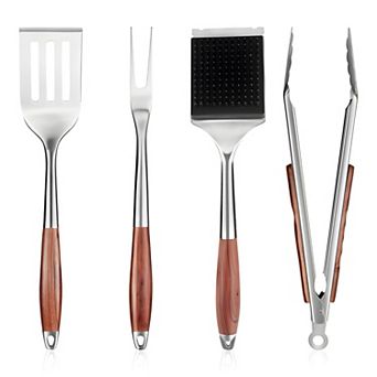 Heavy-Duty BBQ Grill Tools Set with Spatula, Fork, Brush & Tongs, Rose Wood Handle