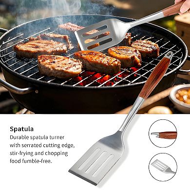Heavy-Duty BBQ Grill Tools Set with Spatula, Fork, Brush & Tongs, Rose Wood Handle