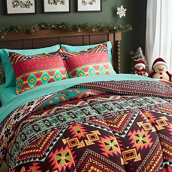 KINTEN Boho Comforter Set King 7 pc Teal Sheet Microfiber All Season