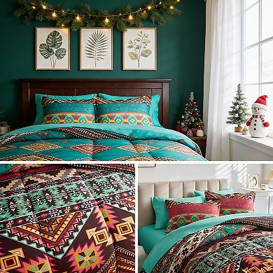 KINTEN Boho Comforter Set King 7pc Teal Sheet Microfiber All Season
