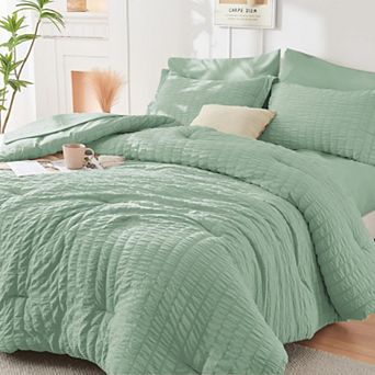 KINTEN Sage Green Seersucker 7 pc Queen Bed Set OEKO-TEX Microfiber All Season