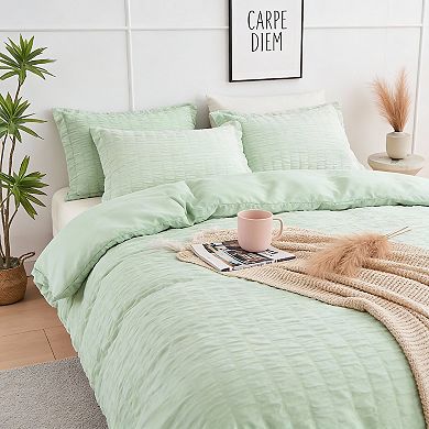 KINTEN Sage Green Seersucker 7pc Queen Bed Set OEKO-TEX Microfiber All Season